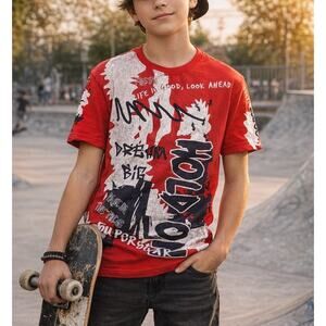 FWRD Denim Graphic T Shirt Youth L 14-16 Red Dream Big Graffiti Streetwear
